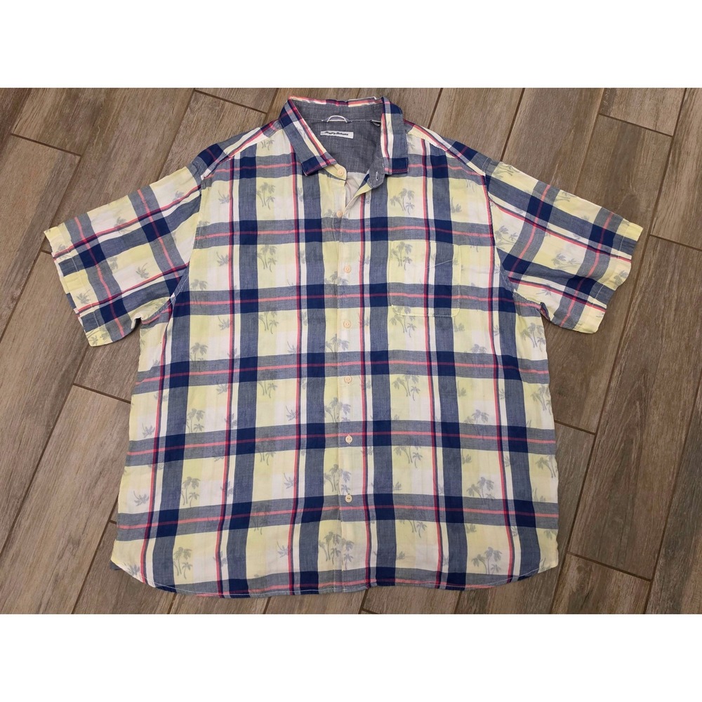Tommy Bahama Mens 3XL Plaid Tropical Palm Tree Cotton Short Sleeve Button Shirt